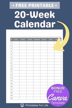 Organize your weeks with this free 20-week calendar! Available in PDF format with a Canva template bonus. Great for tracking goals and planning ahead.