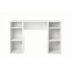 an empty white desk with shelves on the top and bottom shelf, against a white background