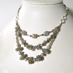 This necklace is a show stopper!  This necklace created by Jewelry By Carmal is made of various shapes of labradorite gemstones, sterling silver:  chain, spring ring clasp and findings. The shortest strand of this necklace is 17 inches and the longest strand is 20 inches.  You can dress this piece up or down depending upon your mood that day! This necklace would go great with the bracelet in this listing:  http://www.etsy.com/listing/98781517/labradorite-bracelet-sterling-silver To view more cha Gray Gemstones, Necklace Inspiration, Beaded Stuff, Wedding Bridesmaid Jewelry, Necklace Bead, Wedding Pendant, Jewelry Bracelets Gold, Labradorite Bracelet, Labradorite Necklace