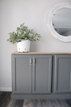 a potted plant sitting on top of a gray cabinet next to a mirror and wooden floor