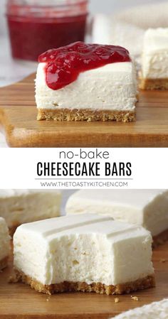 no - bake cheesecake bars with raspberry sauce on top and bottom