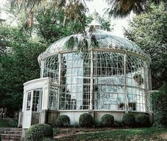 an old glass house in the middle of some trees