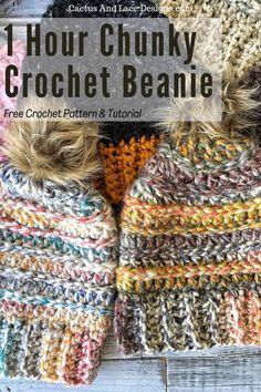 two crochet beanies with text that reads hour chunky crochet beanie free crochet pattern and video