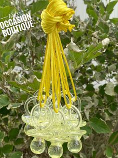 a yellow flower hanging from a tree with green leaves in the background and text overlay that reads, ocasion boutique