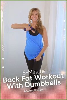 a woman in blue shirt and black leggings doing exercises with dumbbells