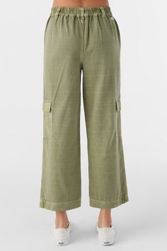 O'Neill Girl's pull-on woven pant 22'' Inseam Length, 10'' Rise Length Encased Elastic Waist Cargo Pockets Slash Pockets at Hip 100% Viscose Crinkle | O'Neill Girl's Summer Cargo Pants in Oil Green, Size XL, Viscose Green Pull-on Straight Pants, Olive Bottoms With Elastic Waistband For Spring, Summer Bottoms With Patch Pockets, Summer Utility Pants With Cropped Leg, Summer Utility Cropped Leg Pants, Summer Utility Pants With Cropped Legs, Summer Utility Style Cropped Pants, Green Relaxed Fit Cropped Bottoms, Stretch Green Cargo Pants For Spring