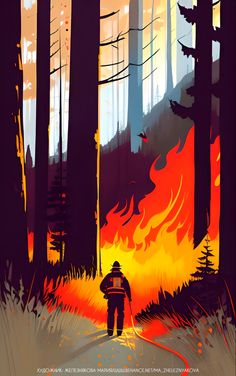 a man standing in the middle of a forest with fire coming out of his back