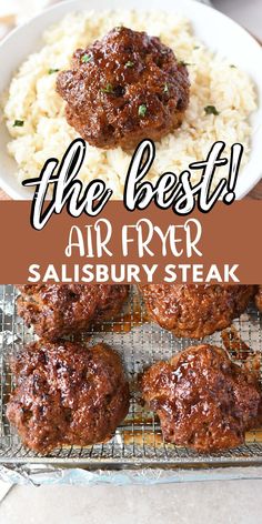 the best air fryer salisbury steak on a wire rack with rice and gravy