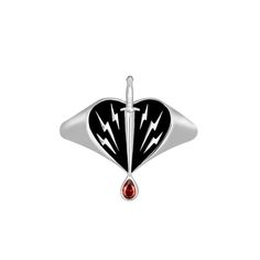 Like a knife to the heart! This sterling silver signet style ring features a heart pierced by a dagger and a garnet stone drop of blood. Heart Piercing, Zodiac Gifts, Celestial Jewelry, Garnet Stone, Charm Rings, Fine Jewelry Collection, Ring Necklace, A Heart, Garnet