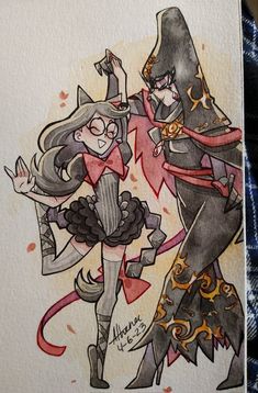 a drawing of two people dressed as witches