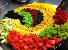 a platter filled with lots of different types of fruits and vegtables