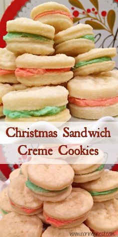 christmas sandwhich creme cookies stacked on top of each other with the words, christmas sandwhich creme cookies