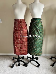 * Sample Sale! Traditional style folded skirt with adjustable waist clips. These skirts are 1 layer (unlined), so it costs less than other skirts.  * You can adjust the clips 2" in smaller or 2" out larger * Skirt length is 34" long approx.   * Care: HAND WASH and air dry your handmade item for longevity.   * Refund? please read our store terms and policies before purchase. If there is any issue or you are not satisfied for any reason, please message us first to give us a fair chance to resolve Traditional Green Cotton Skirt, Traditional Fitted Green Skirt, Traditional Green Lined Skirt, Traditional Fitted Green Bottoms, Fitted Traditional Green Bottoms, Fitted Green Lined Wrap Skirt, Sarong Top, Folded Skirt, Khmer Outfit