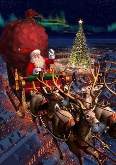 santa claus riding in his sleigh with reindeers