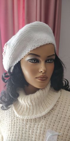 A hand-knitted modern white hat is a great idea  for a gift. А wonderful hat for the cold winter days. Beautiful beret for a beautiful woman with a sophisticated taste. Measurements: Colour: White Head Circumference:  24.4 in /62 cm Materials: Premium acrylic yarn Care Instructions: Machine-washable at 30 degrees - wool cycle. Cool Iron. Dry flat. Thank you for visiting my store! Hat With Flowers, Flowers Winter, Knitted Clothes, Slouchy Beanie Hat, Hat Beret, Hand Knit Hat, Knitted Hood, Slouchy Beanie, White Hat