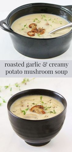 two pictures showing different types of soup in black bowls