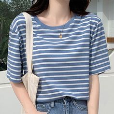 Tshirts For Women, Summer Stripes, Long Summer Dresses, T Shirt Women, Shirt Women, Womens Maxi Dresses, Round Collar, Fashion Tees, Stripes Pattern