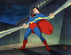 the animated superman character is holding his cape