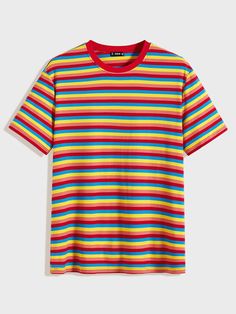 Multicolor Casual  Short Sleeve Polyester Rainbow Stripe  Embellished Slight Stretch Summer Men Tops Casual Multicolor Ribbed Top, Clothes Men Aesthetic, Colorful Fashion Men, 80s Striped Shirt, Rainbow Striped Shirt, Pride Clothes, Rainbow Clothing, Striped Clothes, Colorful Clothes