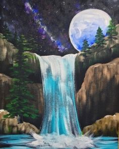 a painting of a waterfall with the moon in the sky