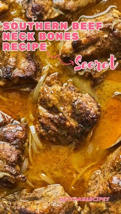 The image shows a dish of Southern beef neck bones cooked in a rich, flavorful sauce with onions. Neck Bones In Crock Pot, Pork Neck Bone Stew, Crock Pot Neck Bones, Neck Bones And Potatoes Recipes, Smothered Neckbone Recipes, Beef Neck Bones Recipe Soul Food, Neckbone Recipes Southern Style, Beef Neckbones Recipe, Neck Bones Recipe Soul Food