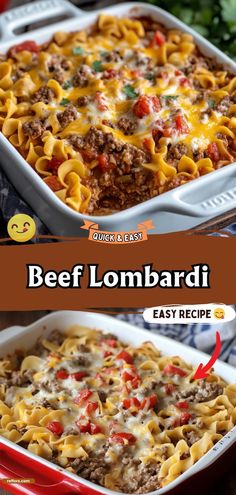 beef and cheese casserole in a red dish with the words beef lombari on