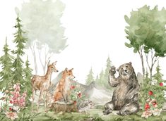 watercolor painting of animals in the forest