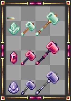 pixel art with different items and colors on the screen, including hammers, an ax