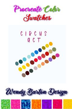 an advertisement with the words circus act in different colors and font, as well as a rainbow