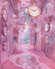 there are many clocks hanging from the ceiling in this pink hallway with water running through it