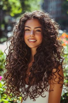 Side Parted Curly Hair, Curly Hair Portrait, Long Curly Brown Hair, Superman Pose, Hairstyle Generator, Long Curly Hairstyles, Long Curly Haircuts, Dark Curly Hair, Big Curly Hair