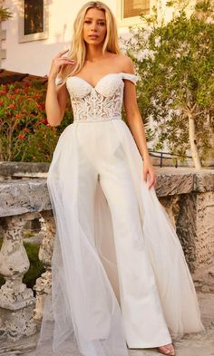 Jovani Bridal JB06507 - Bridal Jumpsuit with Overskirt Jumpsuit With Overskirt, Tulle Overskirt, Off The Shoulder Wedding Dress, Shoulder Wedding Dress, Off Shoulder Wedding Dress, Dress Jumpsuit, Bridal Jumpsuit, Wedding Jumpsuit