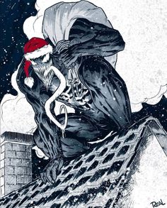 a black and white drawing of a man on top of a roof wearing a santa hat