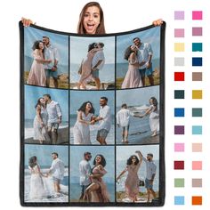 a woman holding up a blanket with multiple pictures on it