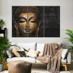 a living room with two paintings on the wall