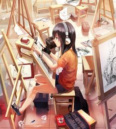 Anime picture 1000x1119 with original rff (3 percent) girl long hair single blue eyes tall image black hair sitting ... Headphones, Desk, Art