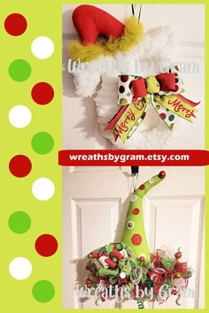 two christmas wreaths hanging from the front door with green and red decorations on them