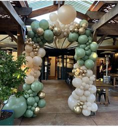 an arch made out of balloons in the middle of a walkway with potted plants