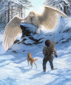 a man standing next to a dog on top of a snow covered field with an owl