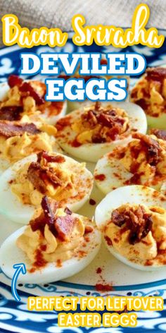 deviled eggs on a plate with bacon sprinkled on top and the words deviled eggs