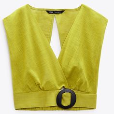 Zara Linen Blend Buckle Crooped Top Chic Cropped Yellow Tops, Chic Yellow Cropped Tops, Chic Mustard Tops For The Beach, Zara Mustard Top For Spring, Spring Mustard Zara Tops, Zara Tops, Green Yellow, Linen Blend, Zara