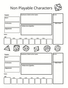 an image of a printable character sheet for the game, which includes dices and numbers