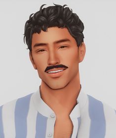 an animated image of a man with black hair and a moustache on his face