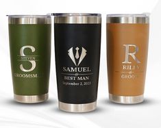 three different types of travel mugs with the same color and logo on each one