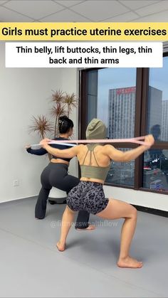 two women are doing exercises in an office with the words girls must practice uttrine exercises