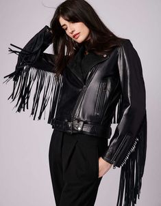 Fringe Leather Jacket, Check Coat, Long Fringe, Long Fringes, Fringe Jacket, Leather Moto, Leather Moto Jacket, Buckle Belt, Capsule Collection