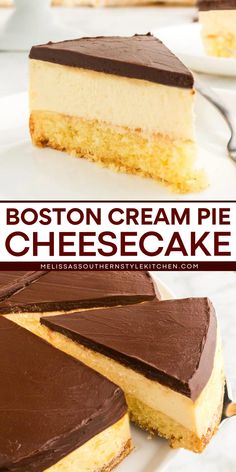 This Boston Cream Pie Cheesecake recipe is a delightful fusion of flavors. If features a yellow cake layer for the “crust” nestled under a velvety vanilla cream cheesecake layer that’s covered with a layer of chocolate ganache. Treat yourself to a trio of flavors in each and every bite! Boston Cream Pie Cheesecake, Layered Cheesecake Recipes, Boston Cream Cheesecake, Custard Cheesecake, Boston Cake, Layer Cheesecake, Cheesecake Layer, Dreamy Desserts, Chocolate Ideas