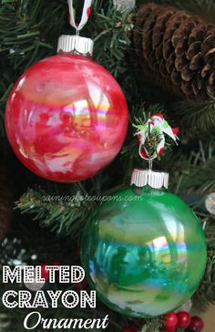 melted crayon ornaments hanging from a christmas tree