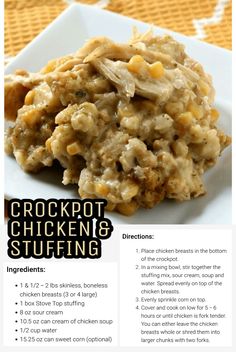 the recipe for crockpot chicken and stuffing is shown in this brochure