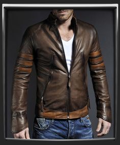 James Howlett is dead. You’re known by Logan or Wolverine to your friends.  Soul Revolver Origins X-men’s replica jacket: signature 100% antique Italian Brown Nappa leather, Tan accent stripes making this one of the most authentic reproductions available to date. Motorcycle Leather Jacket, Male Style, Retro Motorcycle, Types Of Jackets, Motorcycle Leather